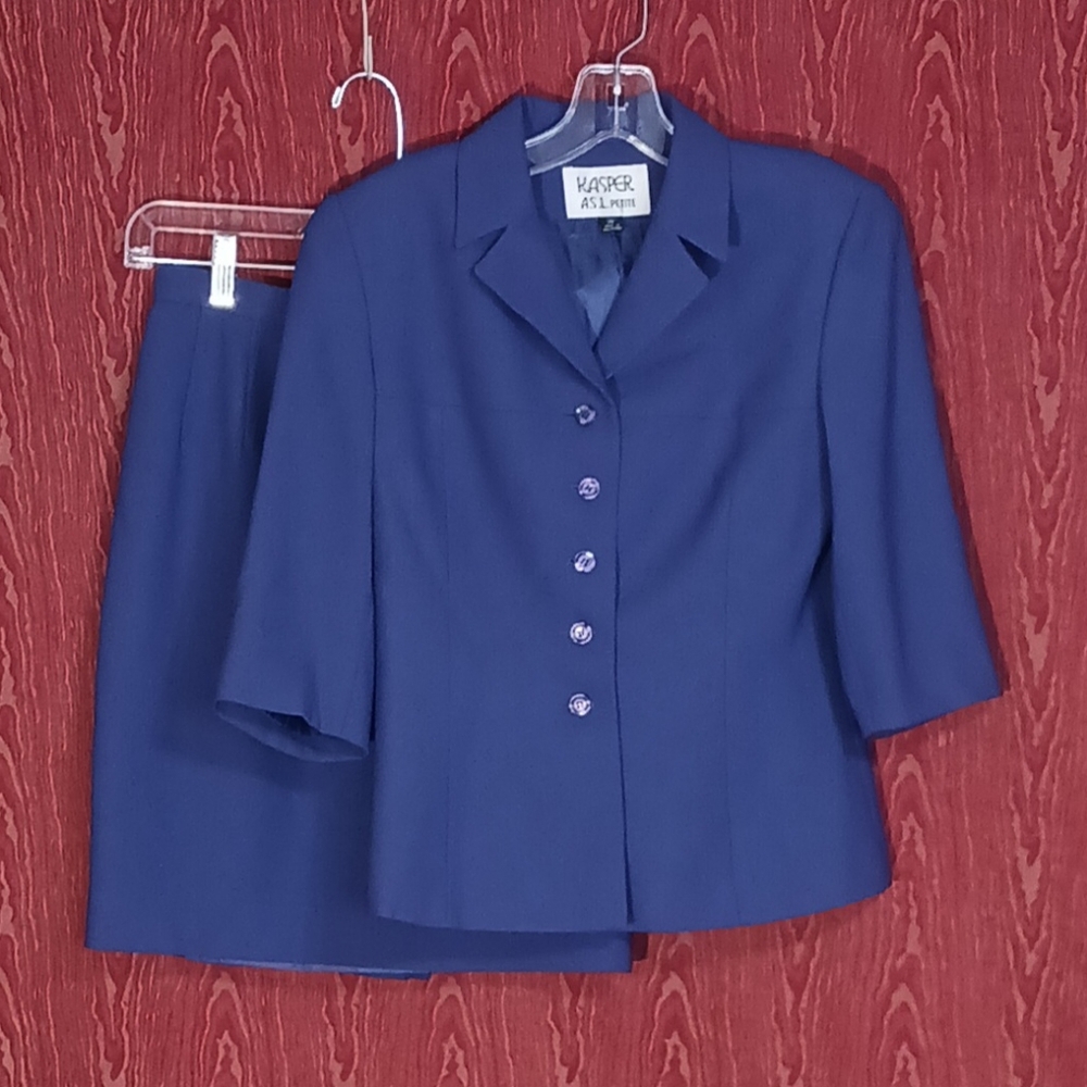 KASPER 2 Piece 3/4 Sleeve Blue Skirt Suit Women's Sz 2P BUSINESS WORK